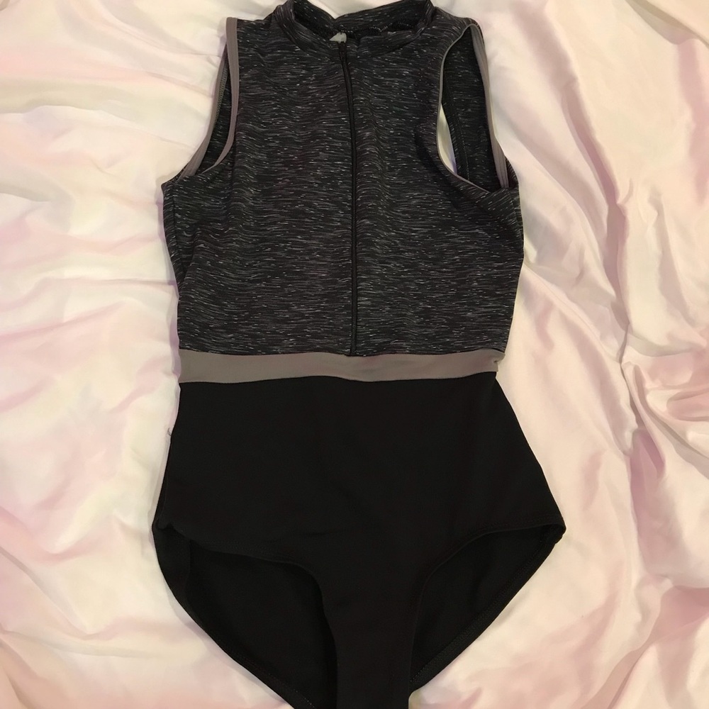 Heather Grey/Black Zip Up Leotard with Cutouts